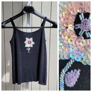 100% Silk Tank Sweater | Sequined Flower | Women's Medium Black
